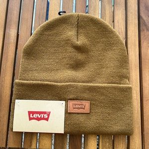 Levi’s Cuffed Leather Patch Beanie, Tan
